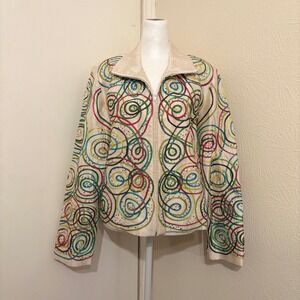 Anage Vtg 100% Silk Beaded Embroidered Rainbow Swirl Zip Up Retro Womens Jacket